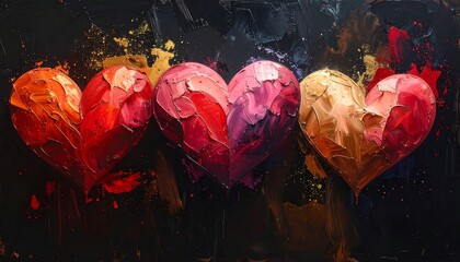 Colorful, textured hearts, painted with thick strokes on a dark background