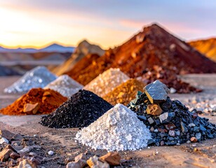 Colorful piles of minerals and earth tones under a sunset sky