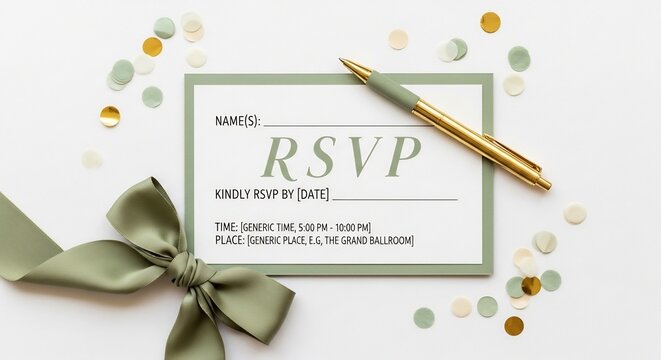 Elegant RSVP Card with Golden Pen and Green Ribbon.