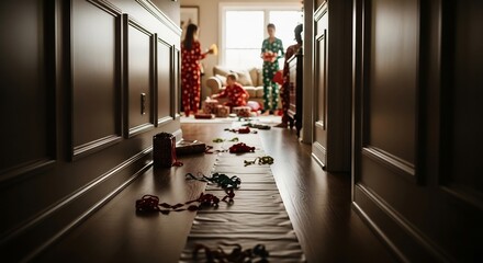 Festive chaos - A family unwrapping gifts in a hallway.