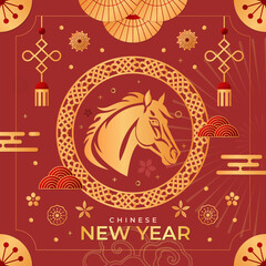 Graphic collection of gold scandinavian horse chinese new year imlek with seamless pattern