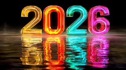 Vibrant neon 2026 numbers reflecting on shiny surface in colorful light. Happy New Year 2026
