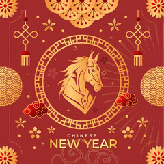 Graphic collection of gold scandinavian horse chinese new year imlek with seamless pattern