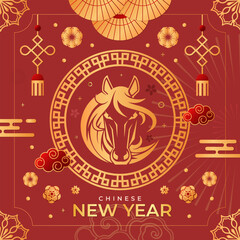 Graphic collection of gold scandinavian horse chinese new year imlek with seamless pattern