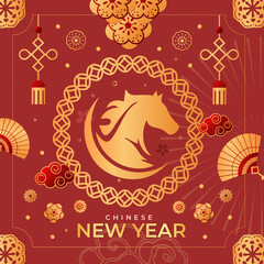 Graphic collection of gold scandinavian horse chinese new year imlek with seamless pattern