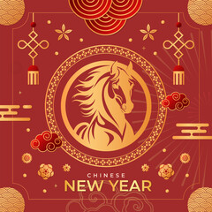 Graphic collection of gold scandinavian horse chinese new year imlek with seamless pattern