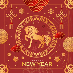 Graphic collection of gold scandinavian horse chinese new year imlek with seamless pattern