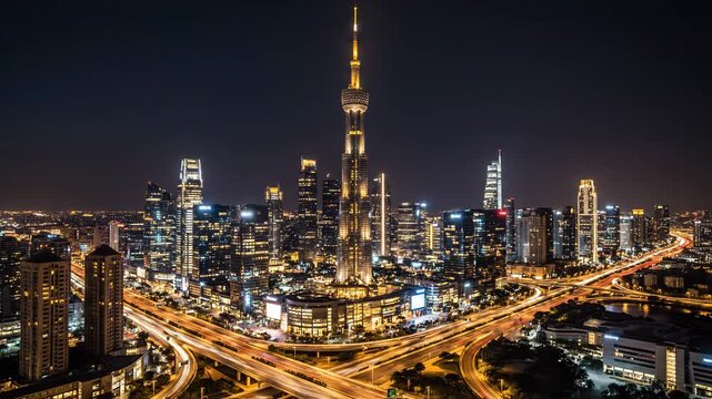 Nighttime aerial view of a modern city skyline featuring illuminated skyscrapers and busy highway traffic with light trails vector illustration