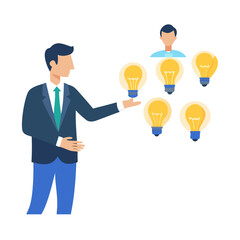 Man with lightbulbs in hands giving bulbs to people. Businessman offer creative business ideas to employees. Solution and problem solving. Vector ... See More

