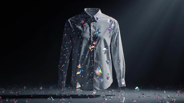 A gray shirt with colorful accents hovers over reflective shards