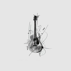 Dynamic Acoustic Guitar Artwork Adorned with Abstract Musical Elements and Textured Strokes