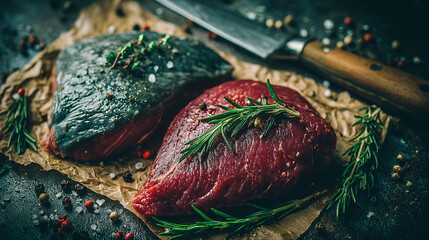 Close up Dry aged fillet beef steak with herbs, raw marble meat. organic meat on butcher paper.