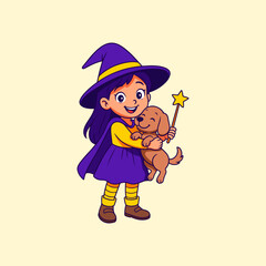 Illustration of a girl carrying a dog in a Halloween witch costume