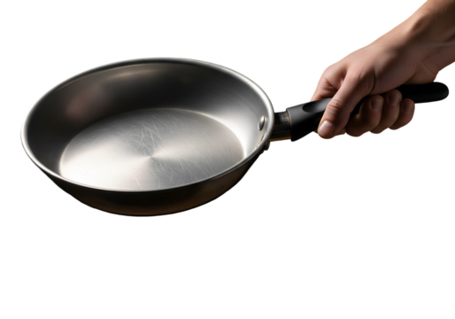 hand holding a frying pan on transparent background 