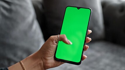 Womans Hand Taps Green Screen Smartphone on Couch Mobile Technology App Interaction and Chroma Key Compositing for Digital Content Creation and Marketing.