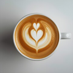 This close-up, top-down AI-generated image features a white ceramic cup filled with a perfectly prepared coffee.