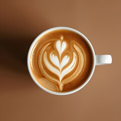 This close-up, top-down AI-generated image features a white ceramic cup filled with a perfectly prepared coffee.