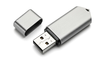 Silver USB Flash Drive with Detached Cap on White Background.