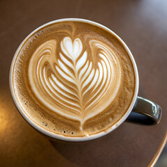 This close-up, top-down AI-generated image features a white ceramic cup filled with a perfectly prepared coffee.