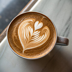 This close-up, top-down AI-generated image features a white ceramic cup filled with a perfectly prepared coffee.