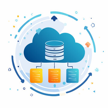 Abstract illustration of cloud computing technology, featuring a central database for data storage and file synchronization