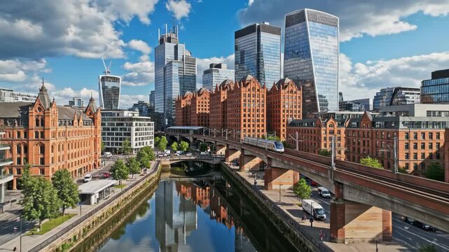 Modern cityscape with historic brick building, elevated train, and canal reflection under blue sky vector illustration