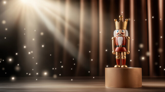 Nutcracker figurine illuminated on pedestal with spotlight and background  