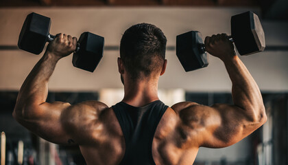Man lifting dumbbells in gym showing muscular arms and shoulders.