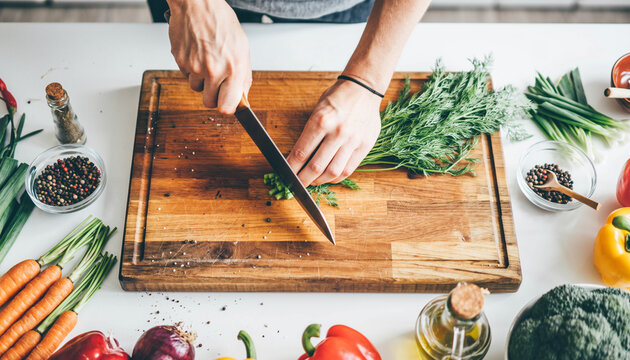 Overhead view of a person chopping fresh green herbs on a wooden cutting board.