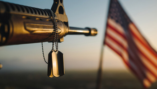 Rifle and Dog Tags with American Flag in the Background.