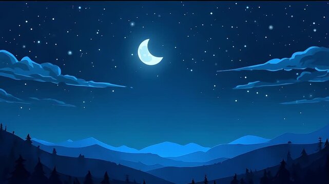Atmospheric 2D Cartoon Vector Night Landscape Animation Featuring Moonlight, Stars, and Smooth Sky Motion