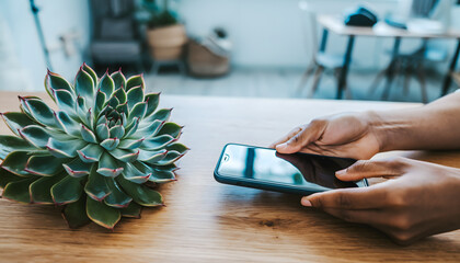 Close up of hands holding a smartphone on a wooden table next to a large green succulent plant.