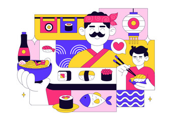 Sushi Bar Vector Illustration Featuring Japanese Asian Food or Restaurant Serving Sashimi, Rice, Soy Sauce, and Wasabi in a Flat Background