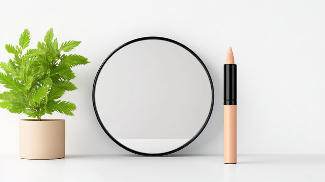 Cosmetic pencil mockup with round mirror and green plant on white background, minimal style