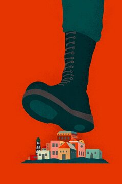 A giant Army Boot Crushes a Small Village