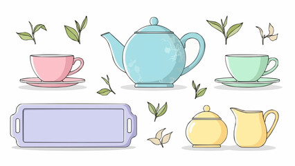 Tea Set Illustration with Teapot, Cups, and Accessories.