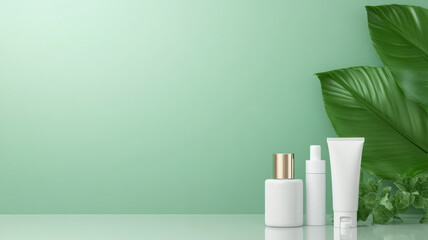 White cosmetic bottle, spray, and tube green background with tropical leaf, natural skincare