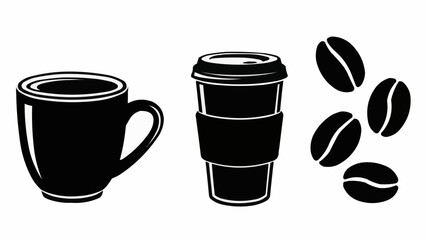 Coffee Collection - Mug, Cup, and Beans in Black Silhouette.