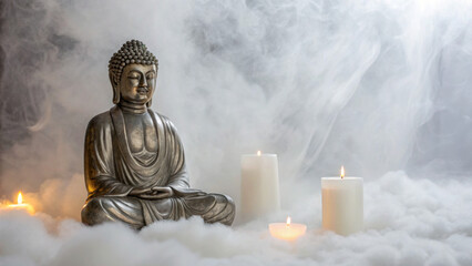 Luxury spiritual christmas light scene with serene Buddha statue surrounded by glowing candles and soft mist for peaceful meditation