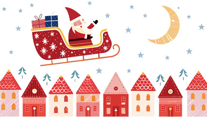 Santa claus riding a sleigh with gifts over houses with moon and stars in a christmas winter scene