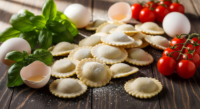 Fresh Ravioli Ingredients on Rustic Dark Wood Background - Powered by Adobe