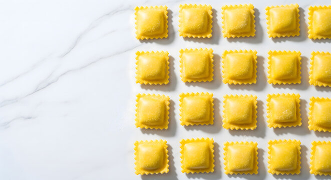 Raw Ravioli Pasta Arranged on White Marble Background