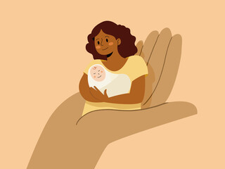 Happy mother holding baby in caring hand