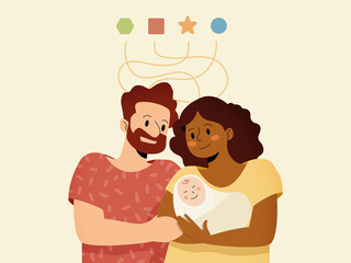 Diverse parents bonding with newborn baby development illustration