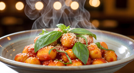 Steaming Gnocchi with Tomato Sauce and Basil in Bowl
