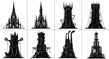 Dark fantasy gothic towers and industrial fortress structures in detailed silhouette style, dramatic architectural concept art for creative illustration design