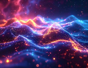 Digital rendering of glowing energy waves and floating particles in space