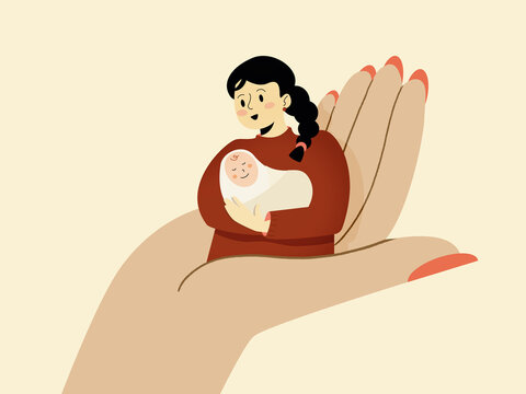 Mother holding baby in giant hand protection