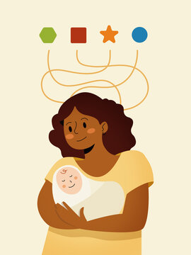 Mother holding baby thinking about child development