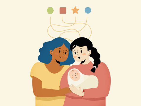 Lesbian couple embracing baby demonstrating diverse family love